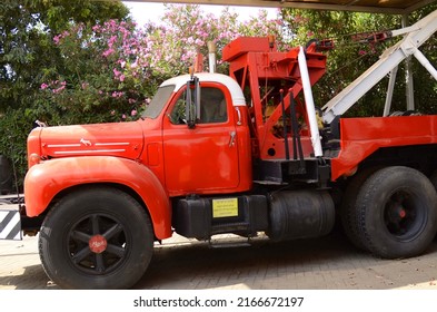 Truck And Transport Museum. Ramla Israel June 2022 Red 1961 Mack B61 Heavy Wrecker. Giant Vintage Truck. A Real American Truck. Made In USA Real McQueen