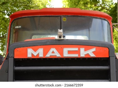 Truck And Transport Museum. Ramla Israel June 2022 Red 1961 Mack B61 Heavy Wrecker. Giant Vintage Truck. A Real American Truck. Made In USA. MACK Logo Real McQueen