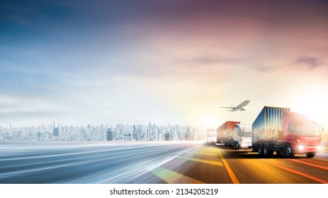Truck transport red and blue container on highway at port cargo shipping dock yard background with copy space, cargo airplane, logistics import export and transportation industry concept