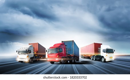 Truck transport with red container on highway road at sunset, motion blur effect, logistics import export background and cargo transport industry concept