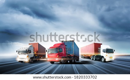 Truck transport with red container on highway road at sunset, motion blur effect, logistics import export background and cargo transport industry concept