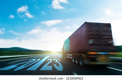 Truck transportation running on high road with number 2023 - Shutterstock ID 2218589821