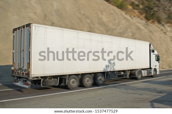 truck transporting goods on the road, on the\
movement. Truck with container on highway, cargo transportation\
concept. Panning. No Logo