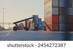 Truck unload many big red intermodal containers time lapse. Busy port terminal. Export import heavy ship cargo. Transport logistic shipment. Load freight into dock. Lot blue huge box rows. Stock line.