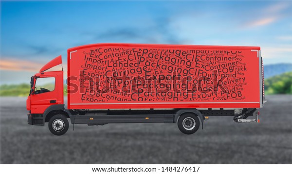 Truck with word cloud on\
his side about logistics and export terms. Concept of freight\
forwarding
