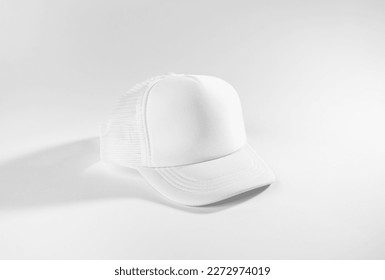 Trucker cap, snapback, all white, white mesh. Isolated on white. Mock-up for branding