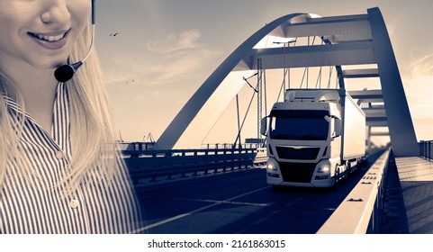 Trucking Dispatcher Concept, Long Haul Truck On The Bridge And Positive Woman With Headset In Split Screen 