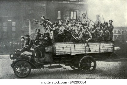 Truckload Of Excited Soldiers During Russian Revolution. St. Petersburg, 1917.