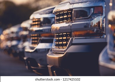 Trucks Dealer Vehicles Stock Row. Selective Focus. Automotive Dealership. 
