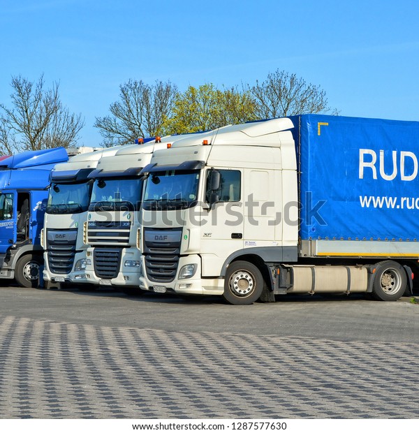 Trucks in East Europe. Transport. Long\
vehicles. Poland, Horbov-Kolonia - April 16,\
2018