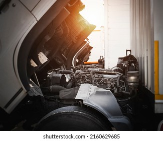 Trucks Engine Opening Hood For Maintenance And Repairing. Diesel Engine Truck. Auto Service Shop.	