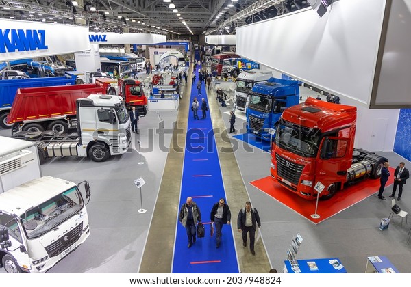 Trucks KAMAZ and buses\
KAMAZ at the international exhibition of commercial transport\
Comtrans 2021. A wide shot, a view from above. Moscow, Russia -\
September 7-11, 2021