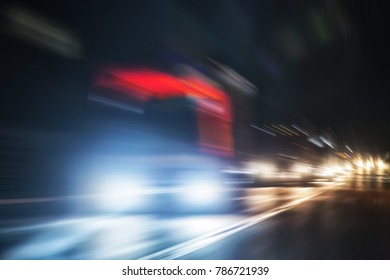 Trucks Moves On Country Highway At Night