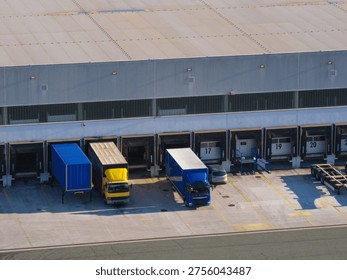 Trucks are parked at loading docks in a logistics center for cargo handling and shipment processing during daylight.