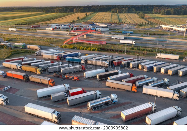 Trucks parked\
in the parking lot. Poland,\
Europe.