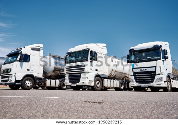 Trucks with tank trailer on the parking lot.\
Nesvizh, Belarus - June 12,\
2020