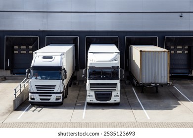 Trucks and trailers in front of a row of loading docks with  shutter doors at an industrial warehouse.