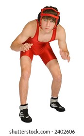 True Isolated High School Wrestler Wearing Headgear And A Red Singlet In A Wrestling Stance.