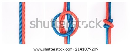 True lovers knot. Step by step studio shot of how to tie a knot isolated on white.
