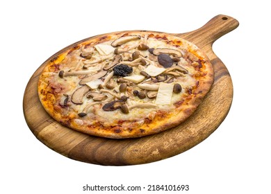 Truffle Mushroom Pizza Isolated On Wooden Cutting Board On Plain White Background Side View Of Fastfood