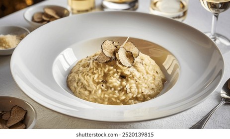 Truffle Risotto
Creamy arborio rice infused with earthy truffle essence, this risotto is a luxurious, aromatic delight, topped with shaved Parmesan and a drizzle of truffle oil. - Powered by Shutterstock