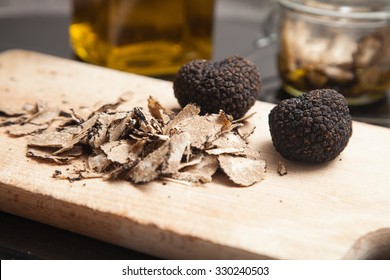 Truffles on wooden board