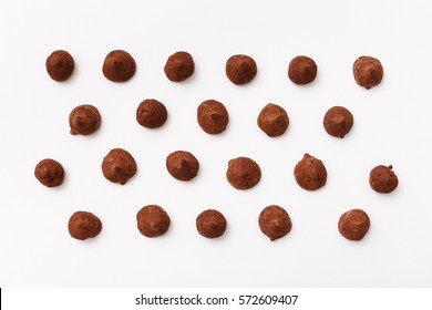 Truffles Pattern, Concept, Top View Flat Lay Of Various Chocolate Pralines Candy On White Background