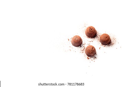 Truffles Pattern, Top View Flat Lay Of Various Chocolate Sweets. Minimal Concept Above Decoration On White Food Background. Chocolate Candy, Truffle.