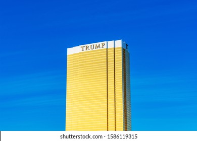 Trump International Hotel golden skyscraper facade of luxury hotel, condominium, and timeshare property - Las Vegas, Nevada, USA - December, 2019