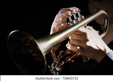 Trumpet instrument. Music player trumpeter jazz playing. Brass instrument cornet hands