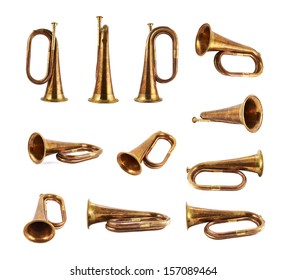 Trumpet musical metal instrument isolated over white background, set of eleven foreshortenings