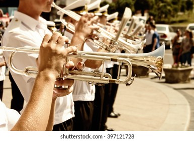 Trumpet Players In A Military Band