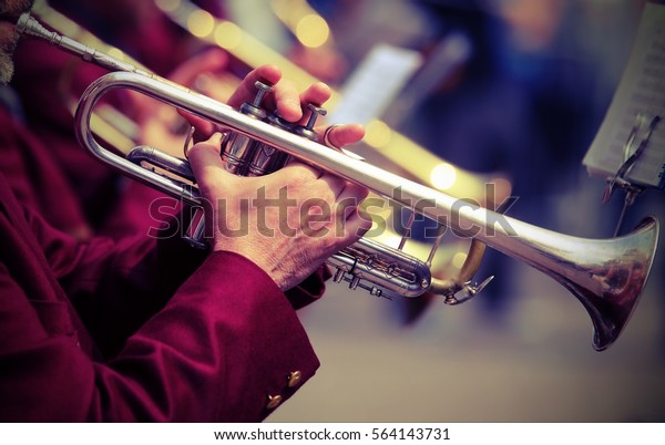 trumpeter plays his trumpet in the brass band\
during live event