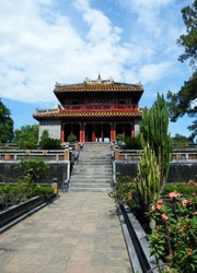 Trung Dao Bridge And Pavilion At Minh Mang Emperor Royal Tomb In Hue, Vietnam