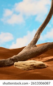 Trunk of an ancient tree with branches is dark brown, dented in places and has light wood grain. The rough rock is worn away by time and buried in sand. Blue sky background with white clouds
