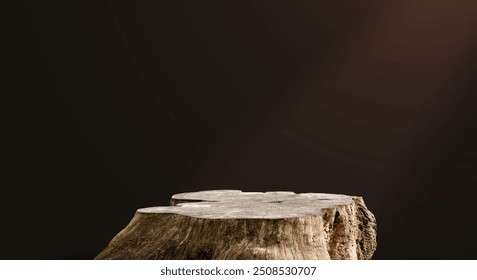 Trunk Tree Podium Made From Log Stump, Cut Garden Stool For Empty Presentation, Old Rustic Hardwood Product Mockup, Wooden Display Stand With Natural Texture, Isolated Platform And Copy Space
