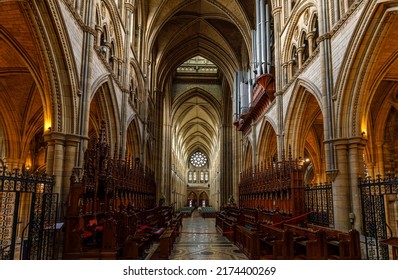 Truro, UK June 30th 2022  Interior Of Truro Cathedral. A Church Of England, Gothic Revival Cathedral. Views Of The Narthex, Aisle, Choir Seating, Stained Glass Windows, Church Organ And Rib Vaults