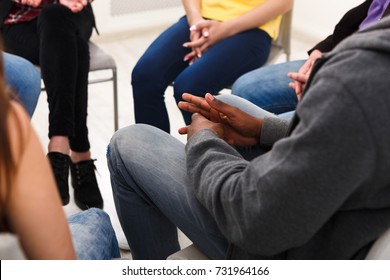 Trust circle. Company of unrecognizable people sitting together. Meeting of support group, copy space