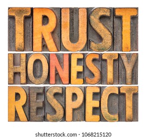 trust, honesty, respect - isolated word abstract in vintage letterpress wood type blocks tained by color inks
