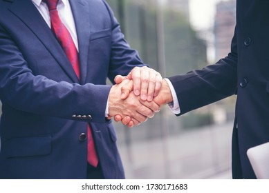 Trust Promise Concept. Honest Lawyer Partner With Professional Team Make Law Business Agreement After Complete Deal. Ethics Business People Handshake, Touch And Respect Customer To Trust Partnership.