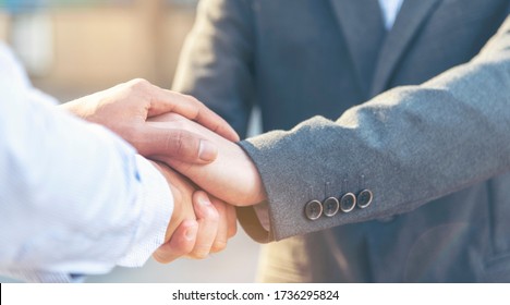 Trust Promise Concept. Honest Lawyer Partner With Professional Team Make Law Business Agreement After Complete Deal. Ethics Business People Handshake, Touch And Respect Customer To Trust Partnership.