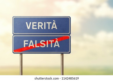 truth and false - blue traffic sign with inscriptions in italian