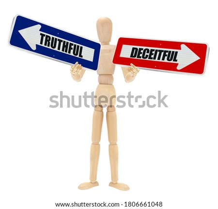 Truthful Deceitful Directional Arrows held by wood mannequin