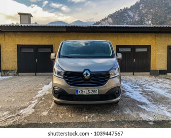 Trzic, Slovenia, Februar 2018 - Renault Trafic Parked By The Garage