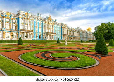TSARSKOYE SELO, SAINT PETERSBURG, RUSSIA - AUGUST 21, 2015: The Catherine Palace, located in the town of Tsarskoye Selo (Pushkin), St. Petersburg, Russia.
