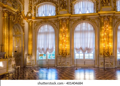 TSARSKOYE SELO, ST. PETERSBURG, RUSSIA  - AUGUST 22, 2015:  The magnificent ballroom inside the Catherine Palace.