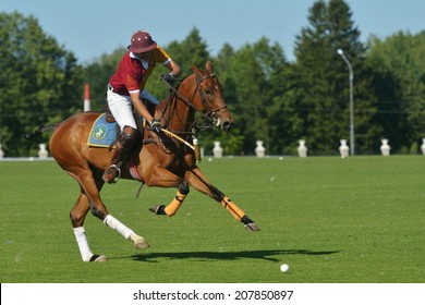 TSELEEVO, MOSCOW REGION, RUSSIA - JULY 26, 2014: Francisco Ramos of Tseleevo Polo club in action during the match against the Oxbridge polo team during the British Polo Day. Oxbridge won 5-4