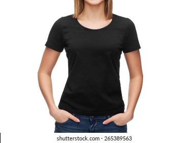 t-shirt design concept - smiling woman in blank black t-shirt