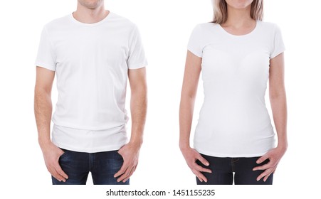 T-shirt Design Fashion Concept, Closeup Of Woman And Man In Blank White T-shirt, Shirt Front Isolated. Mock Up For Sublimation.