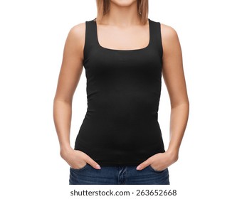 t-shirt design, happy people concept - smiling woman in blank black tank top